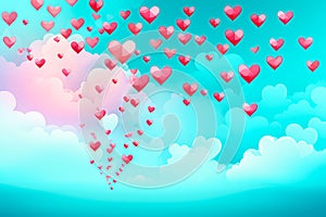 Red hearts flyig in sky