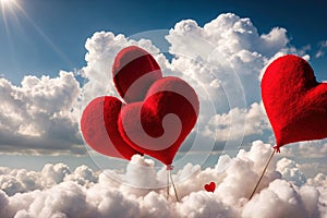 Red hearts flying above the clouds, love soaring and flying in the sky