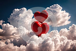 Red hearts flying above the clouds, love soaring and flying in the sky