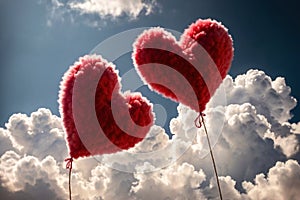 Red hearts flying above the clouds, love soaring and flying in the sky