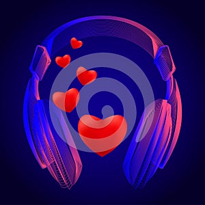 Red hearts flying out of headphones wireframe. 3D render of a cartoon heart. Vector illustration of wireless headphones in neon