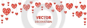 Red hearts frame, border. Vector glitter isolated on white. For decoration of Valentine and Mothers day cards, wedding