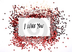 Red hearts glitter frame with white background, valentine, love, wedding, marriage concept.