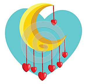 Red hearts hanging from yellow new moon vector illustration in a tourqoise heart