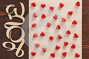 Red hearts and love text