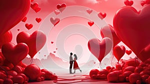 Red hearts and a loving couple illustration card. St. Valentine's Day. Love and happy relationship concept. AI