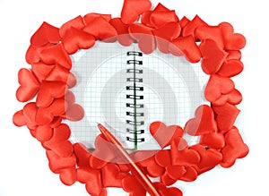 Red hearts and Notepad on white background, Top View . Flat lay      ,