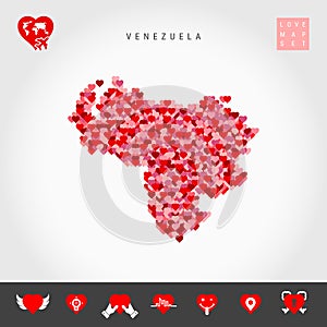 Red Hearts Pattern Vector Map of Venezuela. Love Icon Set