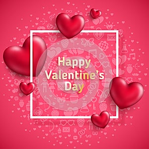 Red hearts on pink background and square frame