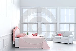 Red hearts on pink bed in bedroom of love. on Valentine`s Day. Background and interior. 3D render