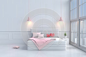 Red hearts on pink bed in bedroom of love Valentine`s Day. Background and interior. 3D render