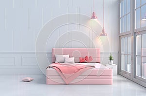 Red hearts on pink bed in bedroom of love Valentine`s Day. Background and interior. 3D render