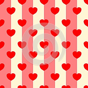 Red hearts on pink and beige strip pattern background