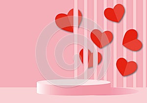 Red hearts with podium on pastel pink background. Greeting card for Wedding or Valentine
