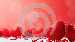 red hearts on red bokeh background, valentines day love concept with copy space