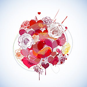 Red hearts and roses composition, love cards design