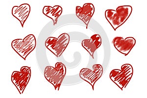 Red hearts set on white background. Different style and shape