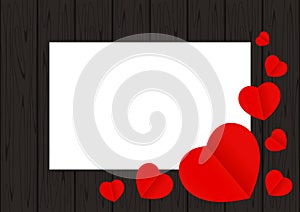 Red hearts shape on black wood for banner background copy space white paper, many heart shape on wall wooden black, red heart