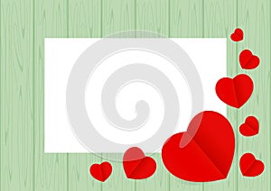 Red hearts shape on green wood pastel color soft for banner background copy space white paper, many heart shape on wall wooden