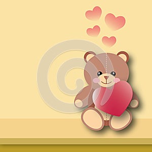 Red hearts with teddy bear on pastel yellow background. Greeting card for Wedding or Valentine
