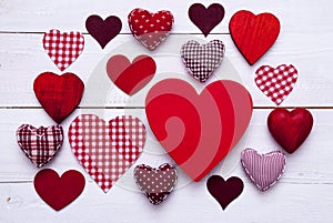 Red Hearts Texture On White Wooden Background, Copy Space