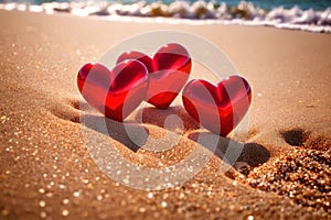 Red hearts together on the beach, showing holiday summer romance