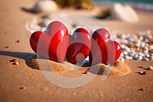 Red hearts together on the beach, showing holiday summer romance