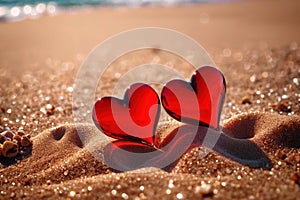 Red hearts together on the beach, showing holiday summer romance