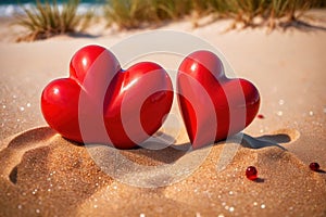 Red hearts together on the beach, showing holiday summer romance