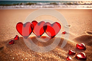 Red hearts together on the beach, showing holiday summer romance