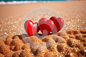 Red hearts together on the beach, showing holiday summer romance