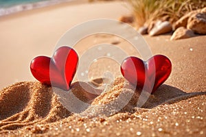 Red hearts together on the beach, showing holiday summer romance