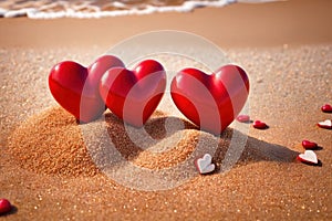 Red hearts together on the beach, showing holiday summer romance