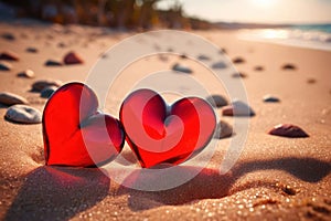 Red hearts together on the beach, showing holiday summer romance