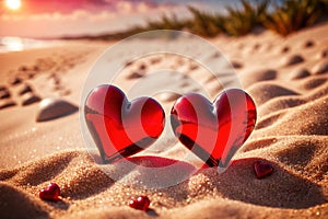 Red hearts together on the beach, showing holiday summer romance