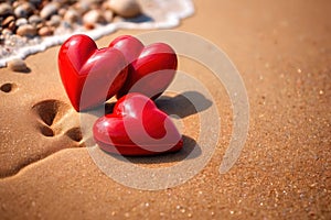 Red hearts together on the beach, showing holiday summer romance