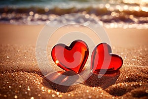 Red hearts together on the beach, showing holiday summer romance