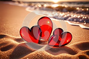 Red hearts together on the beach, showing holiday summer romance