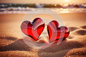 Red hearts together on the beach, showing holiday summer romance