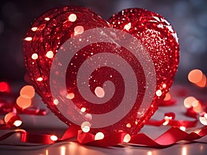 Red hearts, Valentines day background. elegant bokeh lights