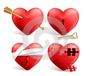 Red hearts vector 3d realistic set with arrows, key holes, puzzle and bandages