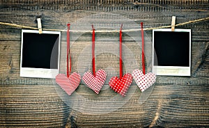 Red hearts and vintage photo frames. Valentines Day