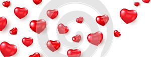 Red hearts wave on long banner. Celebration background. Realistic balloons shape heart frame. Happy Valentine's Day