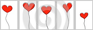 Red hearts, wavy line art drawing on white background