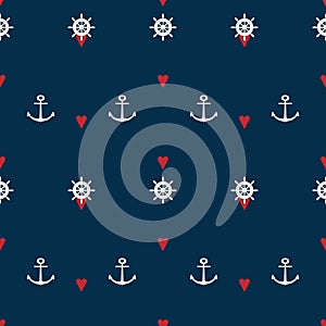Red hearts wheels and anchors on navy blue background vector seamless pattern