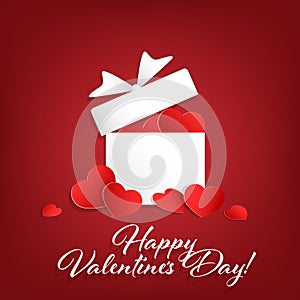 Red hearts in white gift box and drop on the floor around box and Happy Valentine`s Day text.