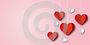 Red hearts with white hearts on pastel pink background. Greeting card for Mothers Day.