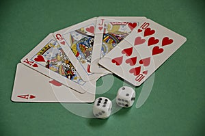 Red Hearts Winners Poker Royal Flush and Dice on Green Baize Tab