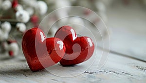 Red hearts on a wooden-stone white background. A realistic element that denotes love, health, care for yourself and