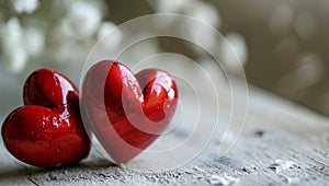 Red hearts on a wooden-stone white background. A realistic element that denotes love, health, care for yourself and